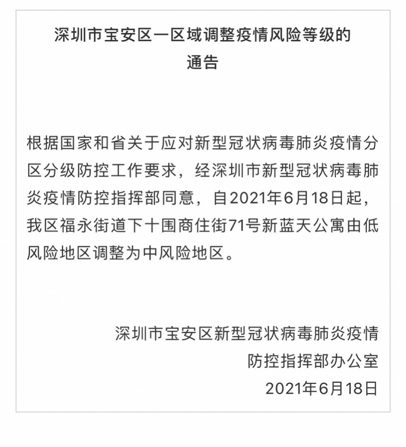 深圳市宝安区一区域调整为中风险地区