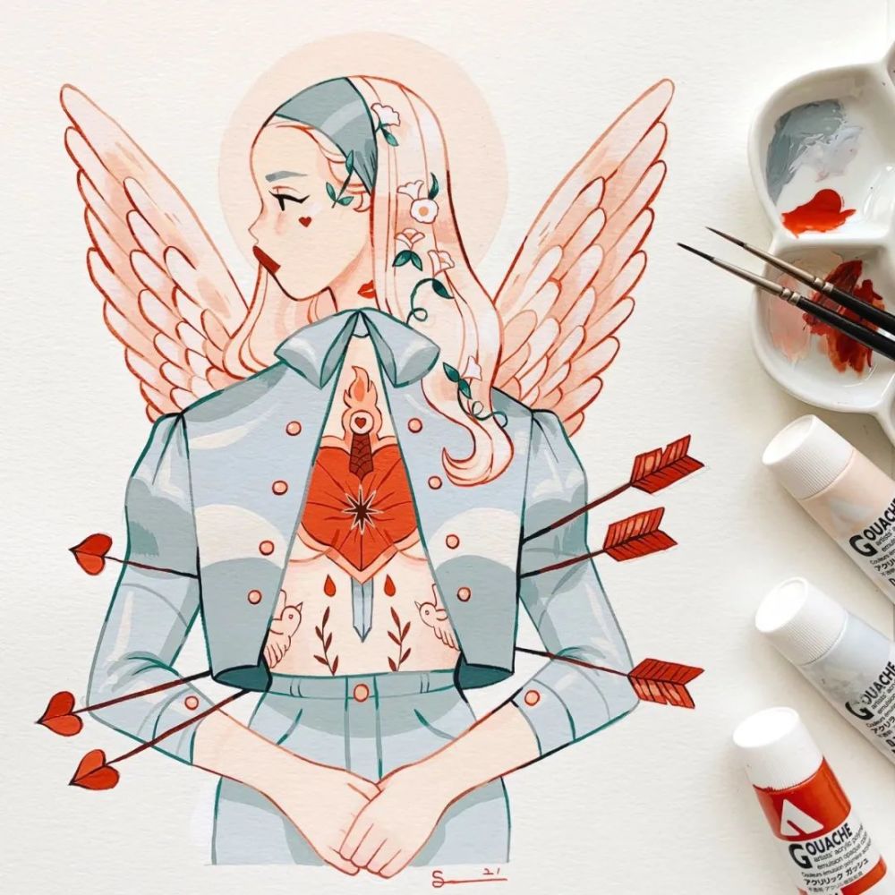 画师@sibylline_m配色清新明亮(动漫少女)【水彩素材】丙烯颜料结合