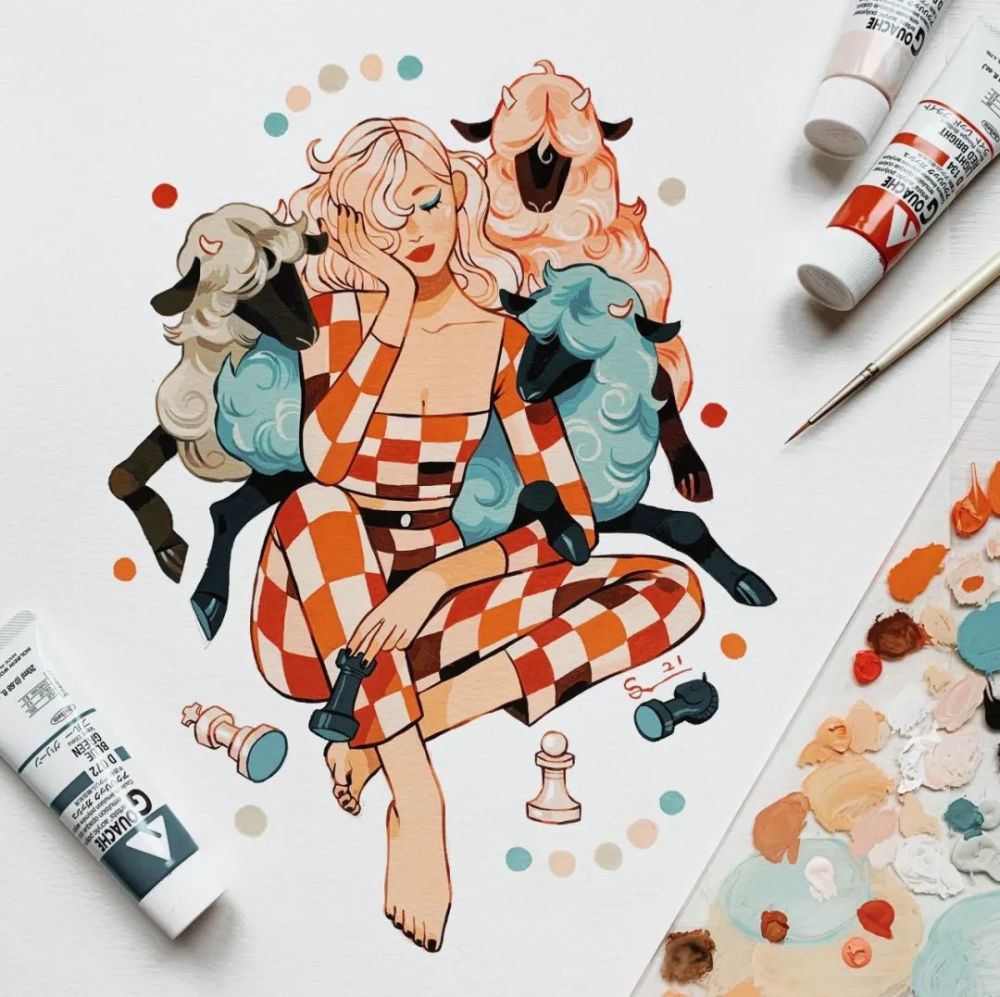 画师@sibylline_m配色清新明亮(动漫少女)【水彩素材】丙烯颜料结合