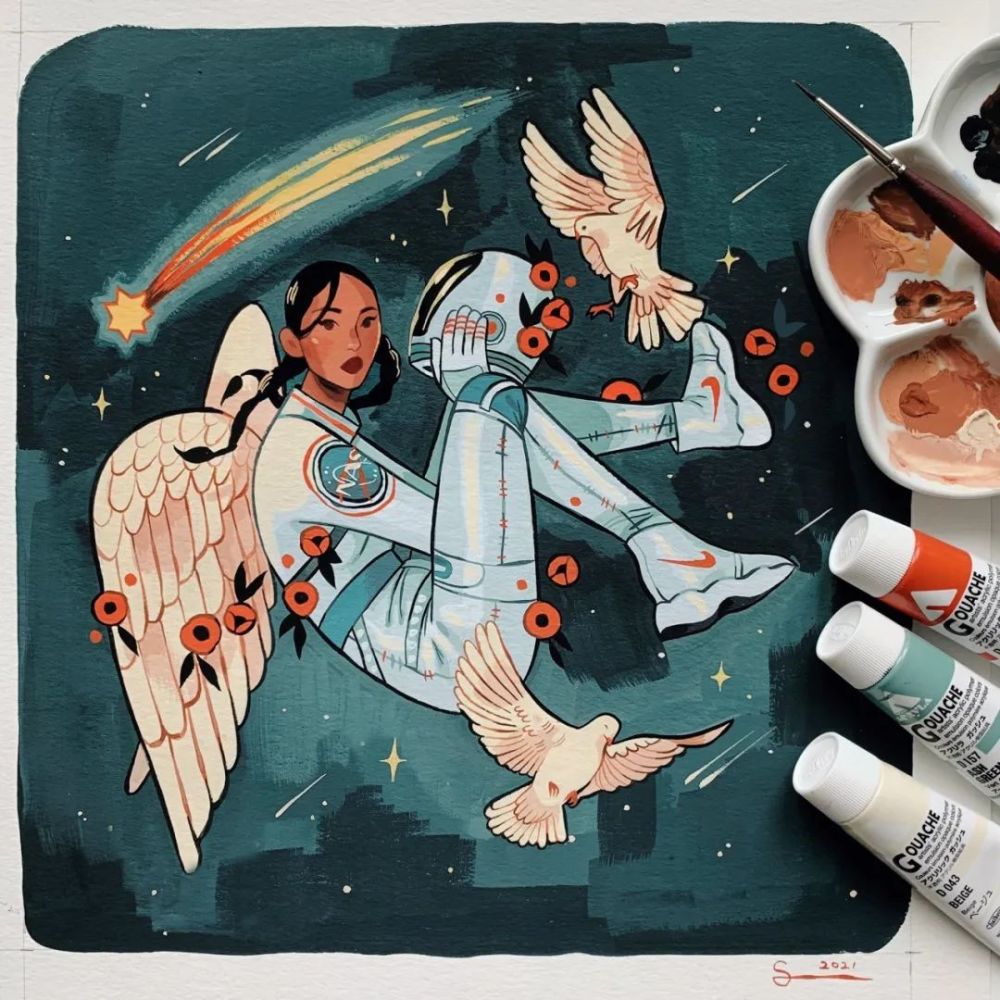 画师@sibylline_m配色清新明亮(动漫少女)【水彩素材】丙烯颜料结合