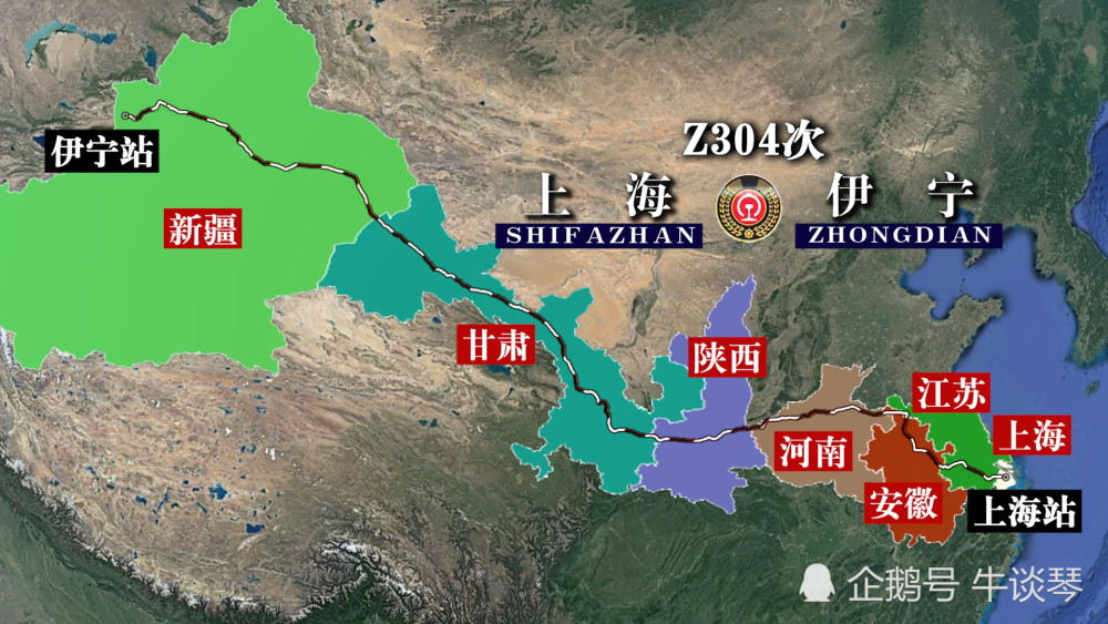 z304次列车运行线路图:上海开往新疆伊宁,全程4742公里