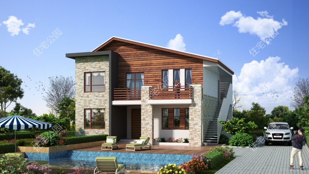 大斜顶线条流畅,文化石与木色元素打造的外观造型质朴而自然,居住其中