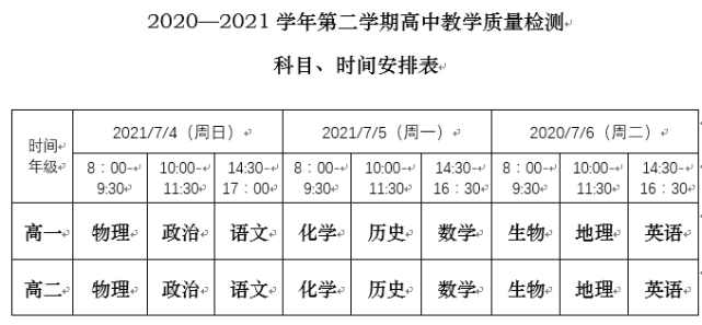枣庄市21学年第二学期高一高二期末考试时间表 腾讯新闻
