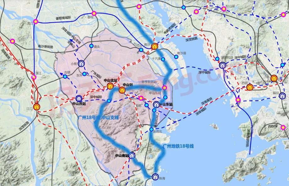 规划显示广州地铁18号线:从广州南沙进入中山马鞍岛,主线(东线)途经