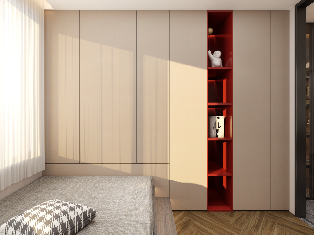 儿童房设计榻榻米床,衣柜是奶茶色 红色组合,继续贯穿了简约风格