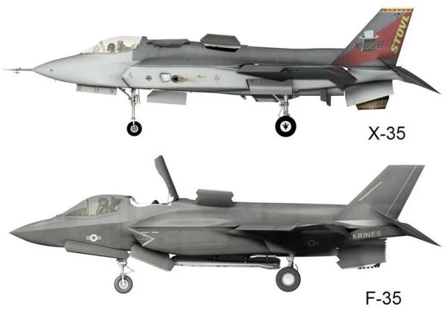 f-35b与x-35b的侧面图对比机翼和平尾前缘后掠33度,后缘前掠14度.