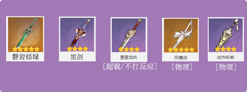 感电/超载:最佳磐岩结绿,其次黑剑,绑定超载队伍:匣里龙吟,物理:最佳