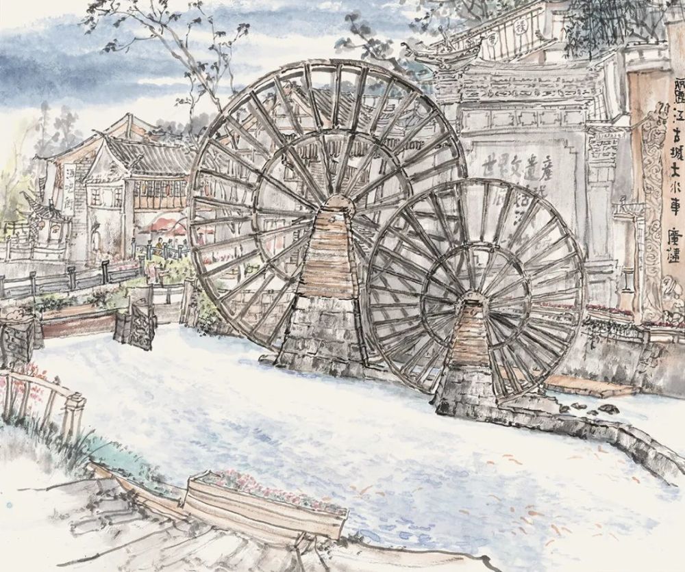 麗江古城土水车 30x45cm 2020年香格里拉葛丹松赞林寺巴登绒史康参