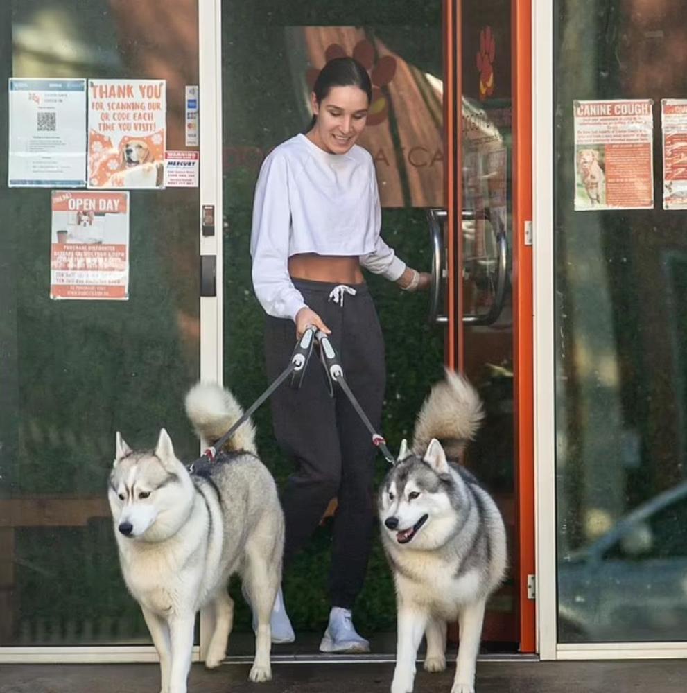 凯拉宣布新恋情后出门遛狗白色卫衣尽显腹肌左右两二哈好似两护卫