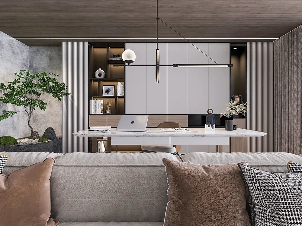 客厅后方的书吧设计,以灰色为主 采光极佳在此办公或是读书 都不失为