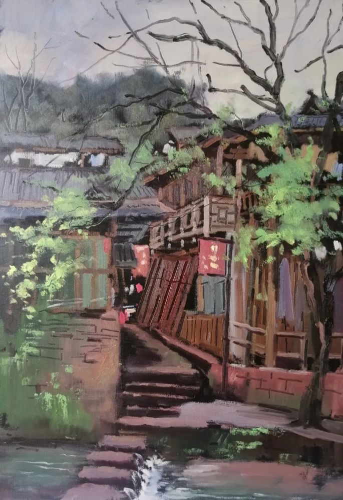 于兴财《古镇初春》布面油画50×50cm彭代明《上里写生》布面油画50