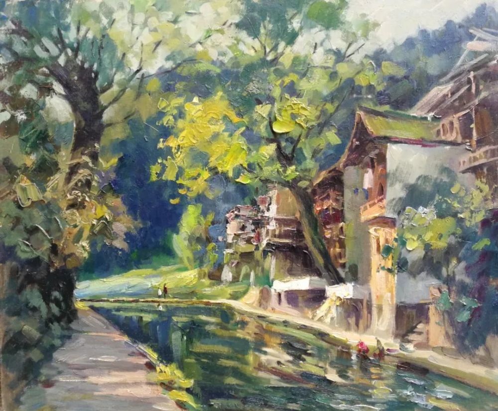 《上里古镇写生1》布面油画50×60cm廖先进《柳江古镇写生》布面油画