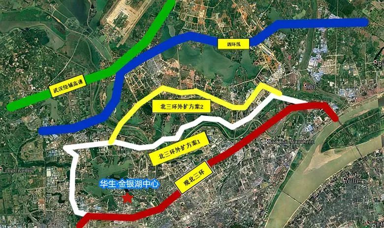 路线示意图 三环线北扩方案示意图 另一方面, 华生·金银湖中心距离6