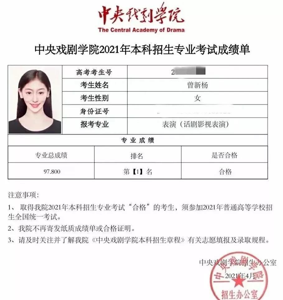 今年中央戏剧学院话剧影视表演专业第一名是曾新杨,今