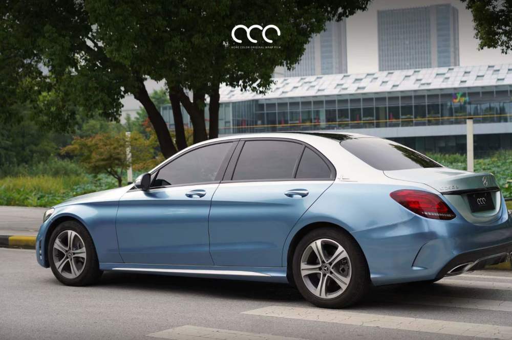 奔驰c260l贴膜漫彩改色膜电镀金属银电镀金属蔚蓝双拼