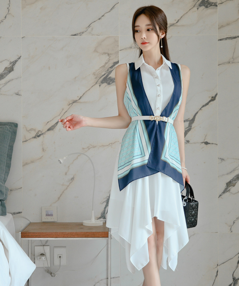 冰川条纹图案湛蓝真丝波浪裙