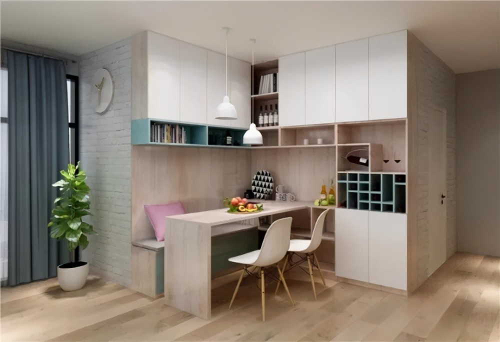 通过在餐边柜嵌入卡座,这样可以为过道节省出40cm左