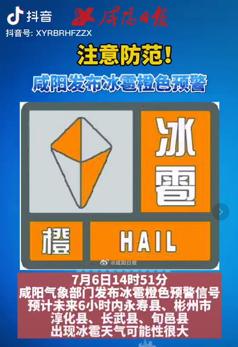 咸陽市氣象臺2021年07月06日14時51分發布冰雹橙色預警信號:預計下述