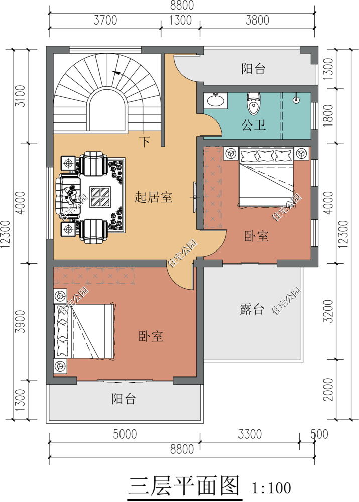 面寬8米佔地百平小戶型這樣設計旋轉樓梯舒適套臥全齊了