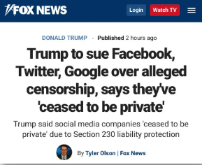 川普起诉谷歌,脸书,推特!