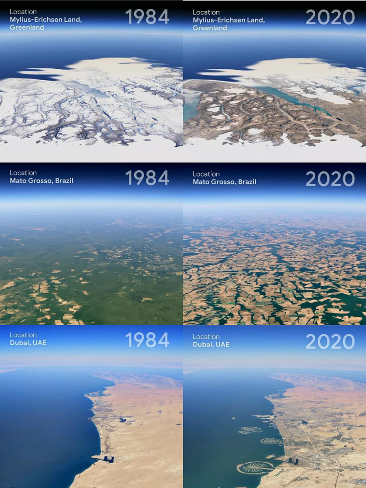 在名为earth的ins账号上发布过这样一组对比图,1984年到2020年来这三