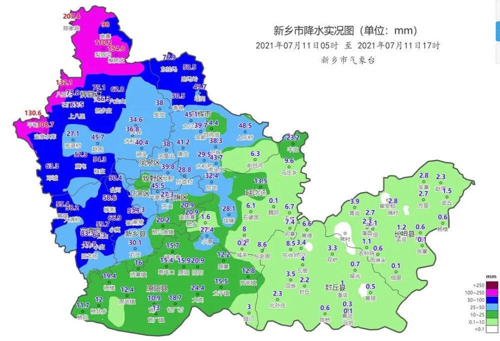 近1小时雨量较大的区域主要集中在获嘉,新乡市区和新乡县,最大小时雨