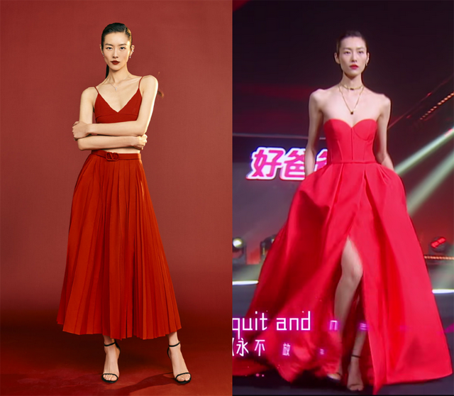 在收官秀上,刘雯穿了两套全红的look,也让人眼前一亮,一身大红色最怕
