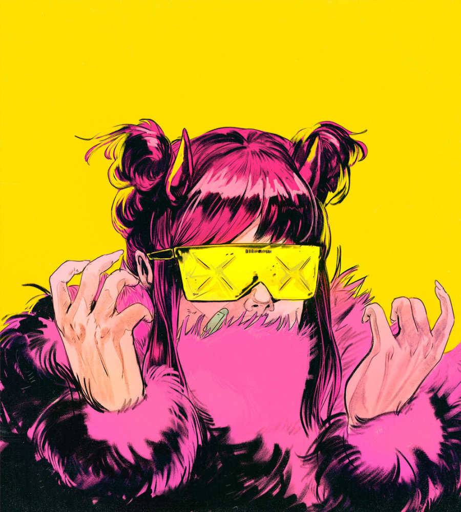 个性鲜明的酷girl插画,装扮有没有很赛博朋克呢