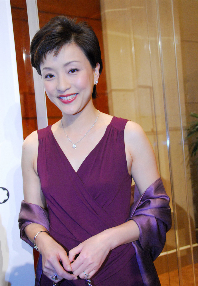 杨澜气质知性穿玫瑰紫v领连衣裙搭配丝巾披肩成熟优雅