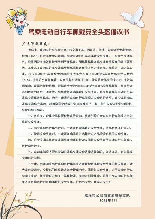 威海人駕乘電動自行車佩戴安全頭盔倡議書