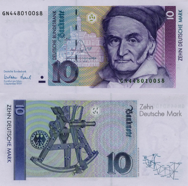 1989年版10马克正面:约翰·卡尔·弗里德里希·高斯(1777-1855),德国