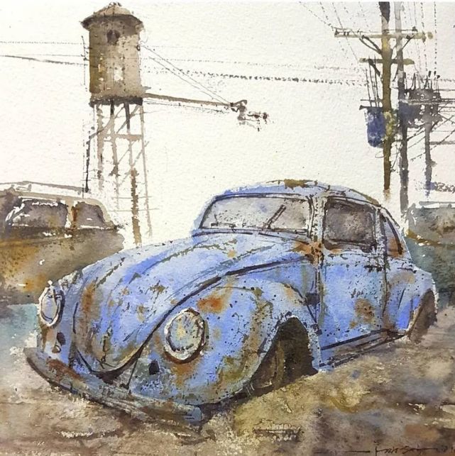水彩欣赏|铁锈斑斓汽车的尸体|水彩|手绘|绘画