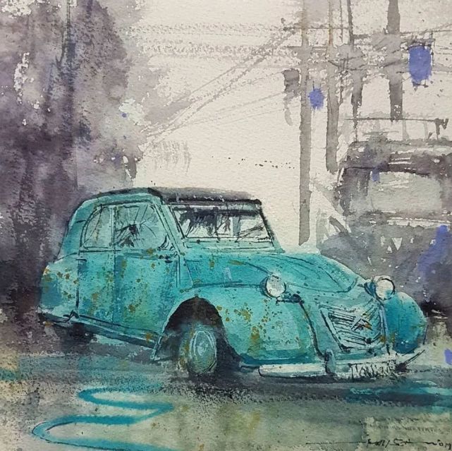水彩欣赏|铁锈斑斓汽车的尸体|水彩|手绘|绘画