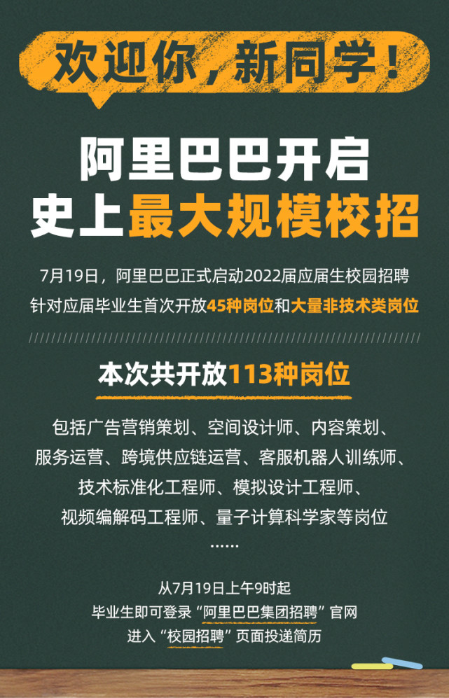 7月19日,阿里巴巴正式启动2022届应届生校园招聘,针对应届高校毕业生