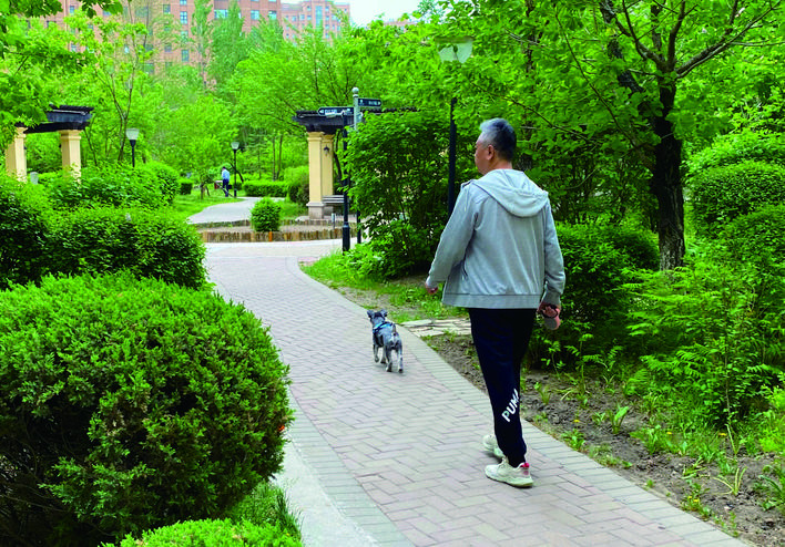 市民在小区内牵着狗绳遛狗.