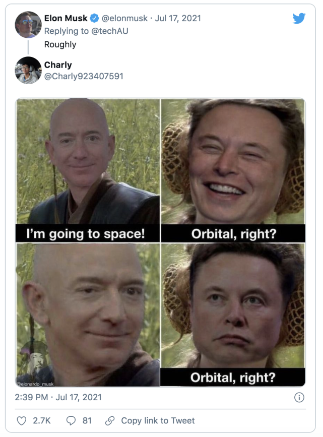 马斯克转发嘲笑贝索斯表情包：你到地球轨道了吗？
