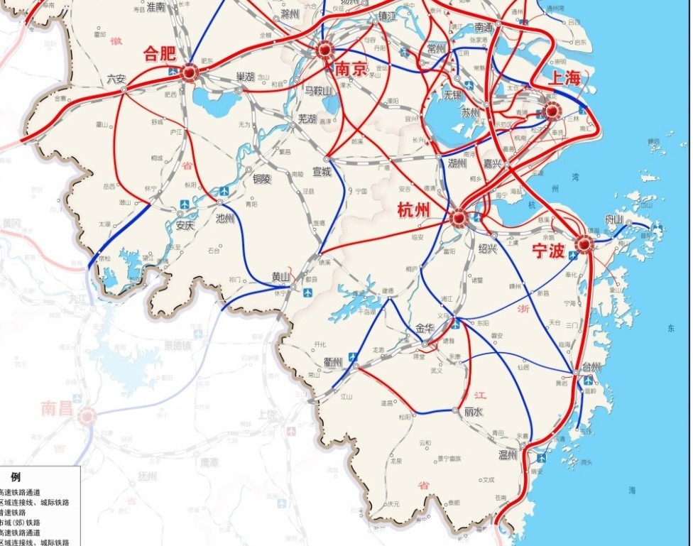 长三角安徽省江苏省浙江省上海市轨道交通十四五规划建设示意图