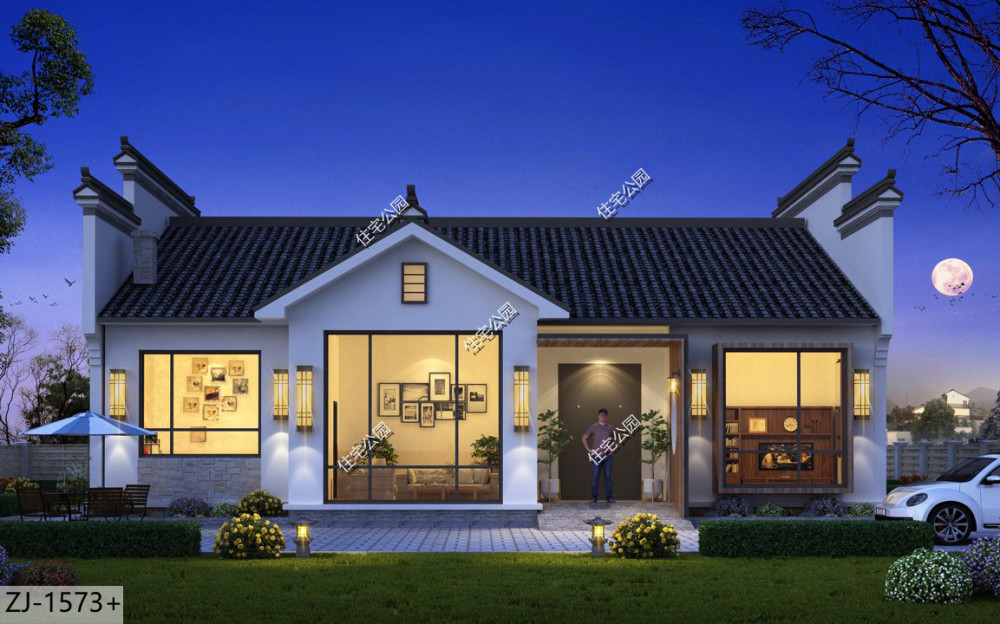 第1套:马头墙 落地窗 火炕卧室,16×12米一层徽派住宅,主体预算30万