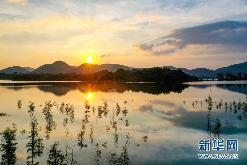 2021年7月20日,人們在四川省華鎣山天池湖溼地公園納涼賞景(無人機