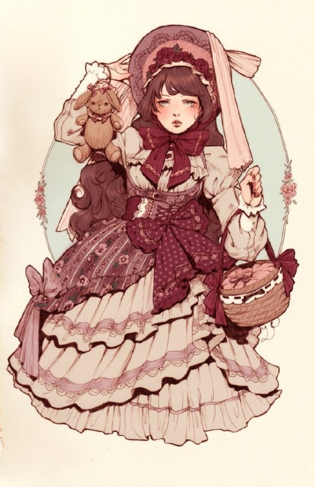 复古风的洛丽塔少女插画,线稿太精致了