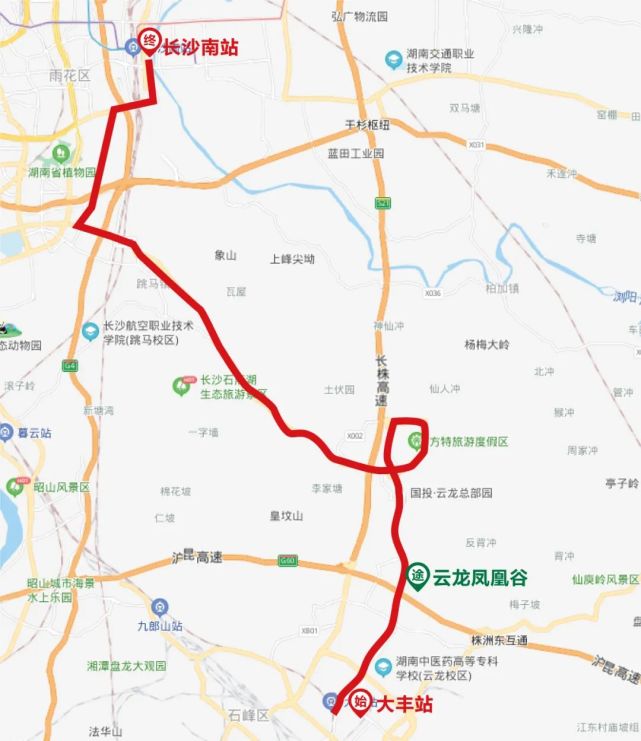 长株公交线路图线路走向:大丰城铁站—向阳路—云龙大道-华强路-云峰