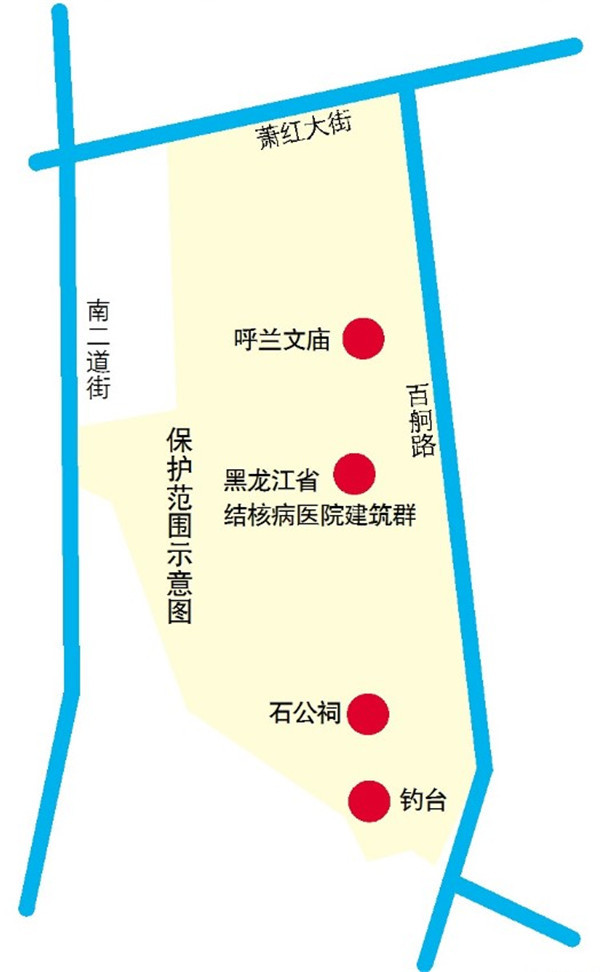 街区具体范围位于呼兰老城区南部,呼兰河以北,萧红大街以南,邻近萧红