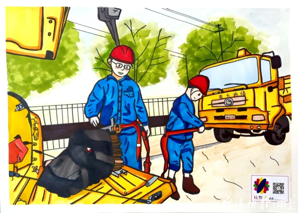 穿着蓝色工作服,戴着红色帽子的电力工作人员们,在抽积水,搭电线,转移