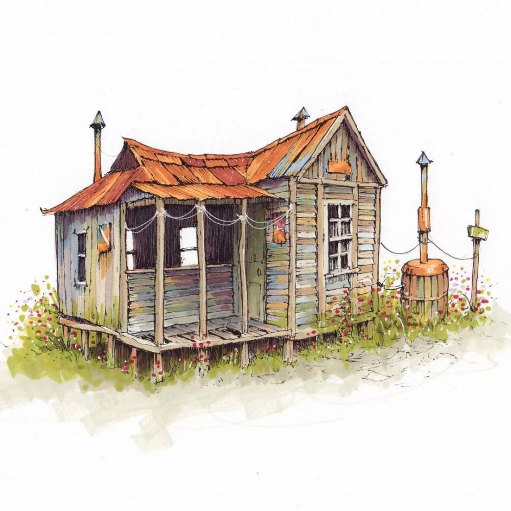 水彩 马克笔|艺术家brian 钢笔淡彩 建筑小房子