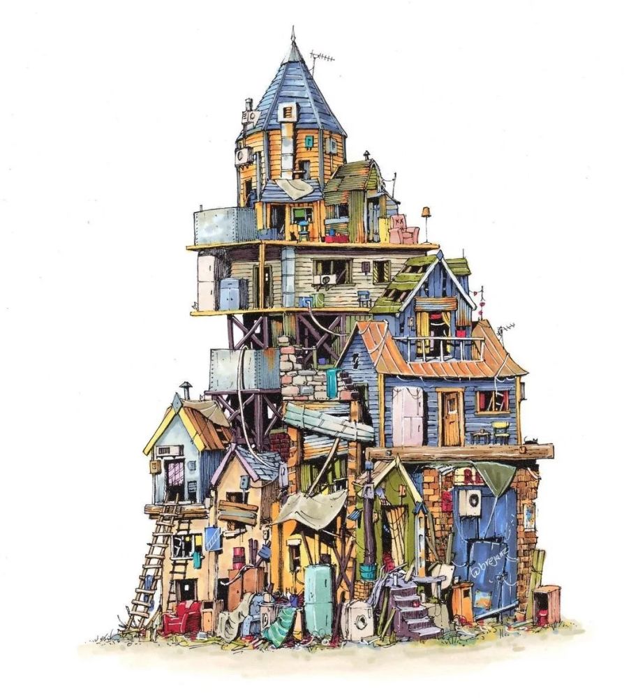 水彩 马克笔|艺术家brian 钢笔淡彩 建筑小房子