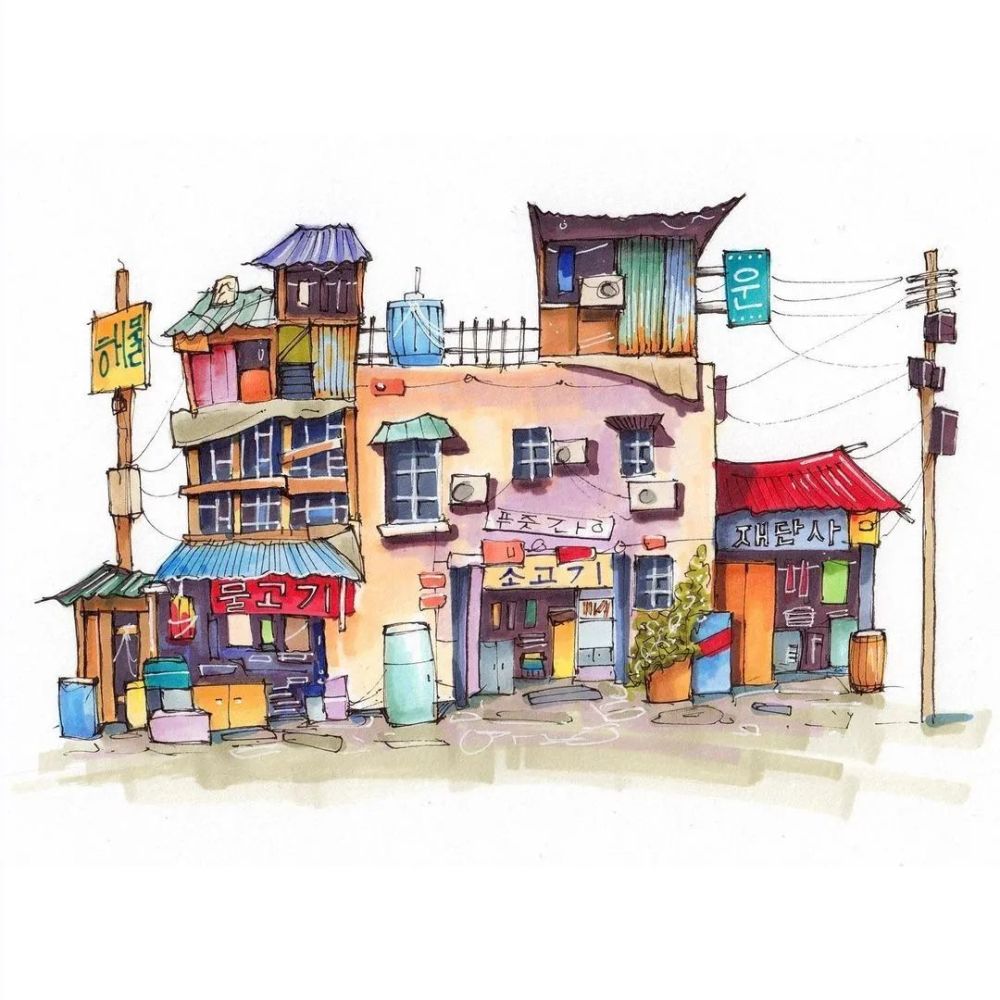 水彩 马克笔|艺术家brian 钢笔淡彩 建筑小房子