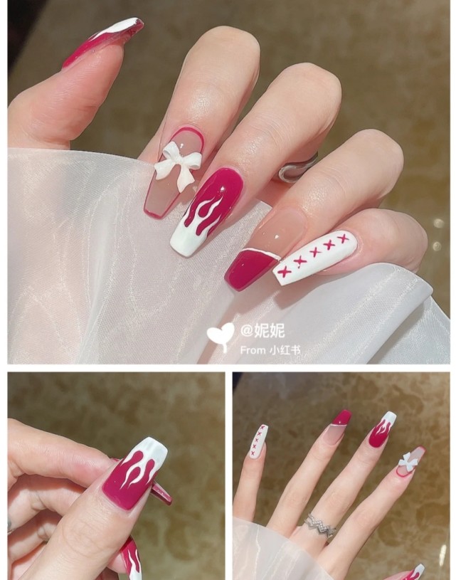 玫红色火焰美甲夏日显白长款美甲