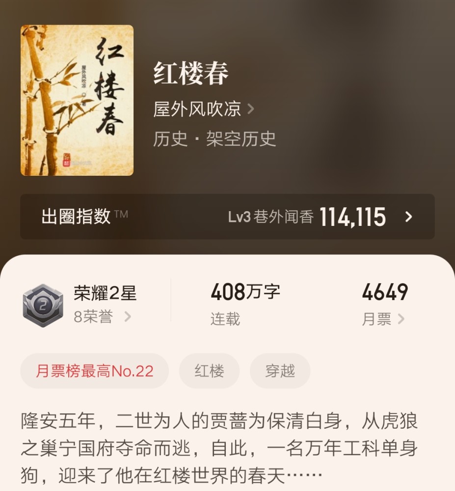 屋外风吹凉的万订小说红楼春即将完结喜欢看完本作品的可以入手了