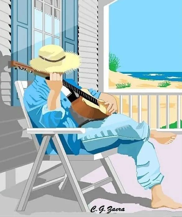 坐在海边小屋弹吉他的男人