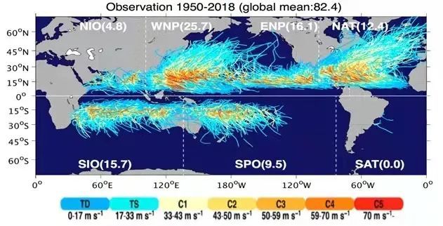 图1 世界热带气旋责任海区分布图.诞生于区域iv的热带气旋称为台风.